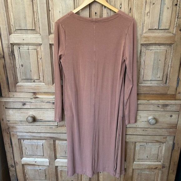 Senita Small‎ Tan Brown Cardigan Duster Ribbed Sweater Pockets Open Front - Picture 9 of 11